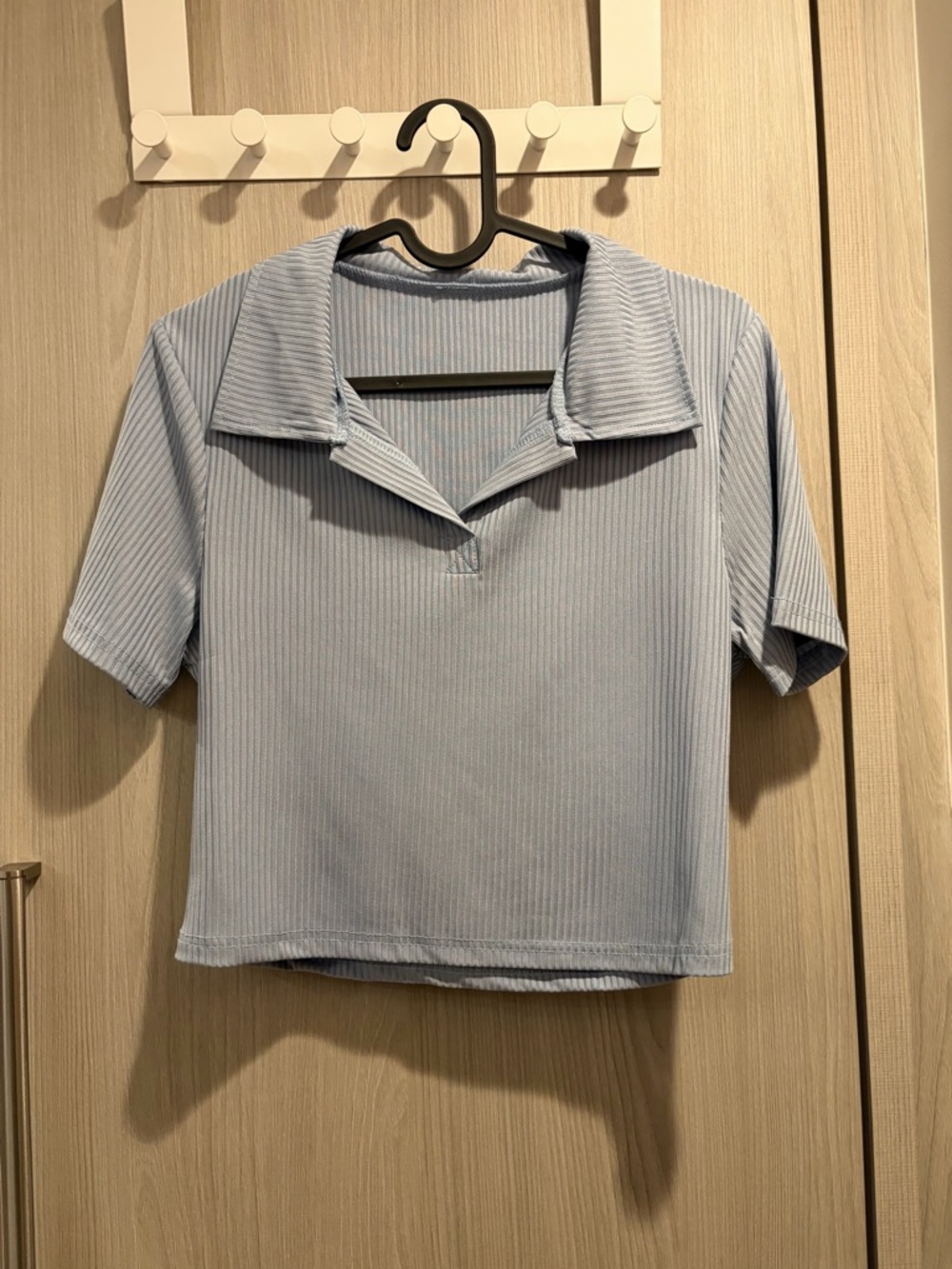Light Blue Ribbed Short-Sleeve Cropped Polo Shirt Top